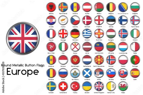 European continent country flags with round metallic button. Vector ...