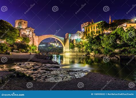 July 11, 2016: Night Time at the Stari Most Bridge in the Town of ...