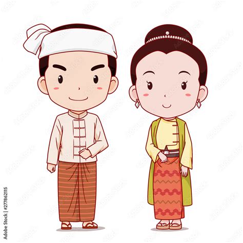 Couple of cartoon characters in Myanmar traditional costume. Stock ...