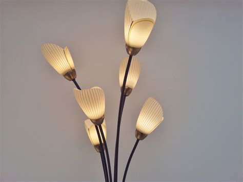 1960`s floor lamp by `Lustrerie Massive`, tulip glass flowers, brass ...