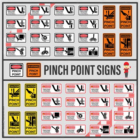 Set of signs and symbols of pinch point, Pinch point safety caution signs use to define any ...