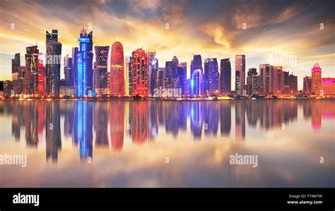 Skyline of modern city of Doha in Qatar, Middle East. - Doha's Corniche ...