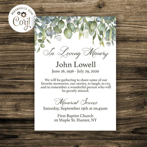 Memorial Service Card, Memorial Service Save the Date, Memorial Service Card Template, Memorial ...