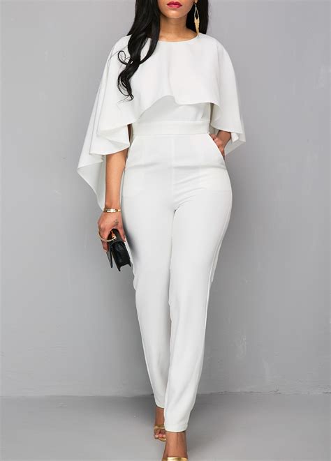 Zipper Closure V Back White Cloak Jumpsuit | Rosewe.com - USD $36.98