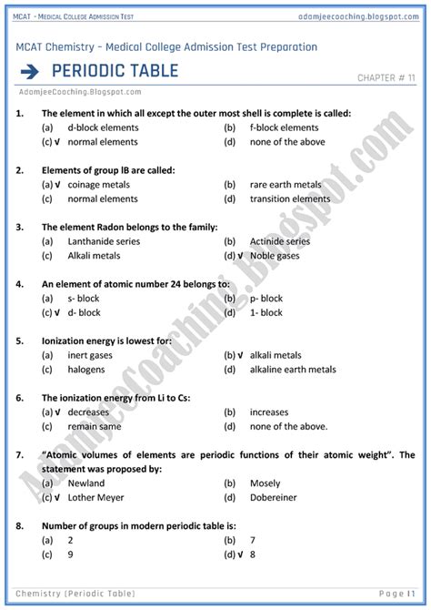 Adamjee Coaching: MCAT Chemistry [Periodic Table] Mcqs for Medical Entry Test