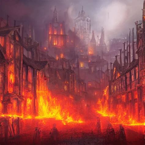 burning town, medieval, hellish, fantasy, digital art | Stable Diffusion