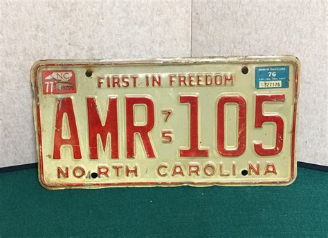 1975 North Carolina Car License Plate First in Freedom 1976 Plate Number AMR-105