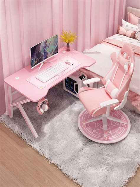 Pink Gaming Desk Ergonomic Professional Gamer Table with Headphone Hook Led Lights Home Office ...