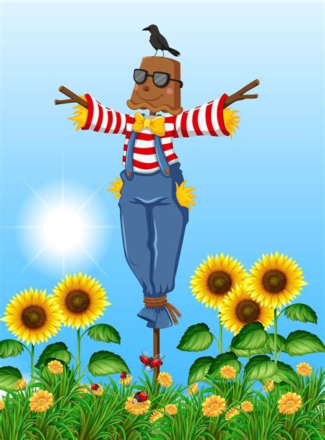 Scarecrow standing in sunflower field 648166 Vector Art at Vecteezy