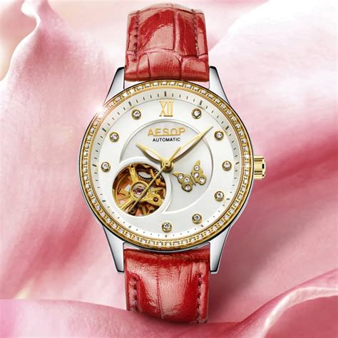 AESOP Brand Automatic Ladies Watches hollow out Dial Leather Female Mechanical Watch Women Red ...