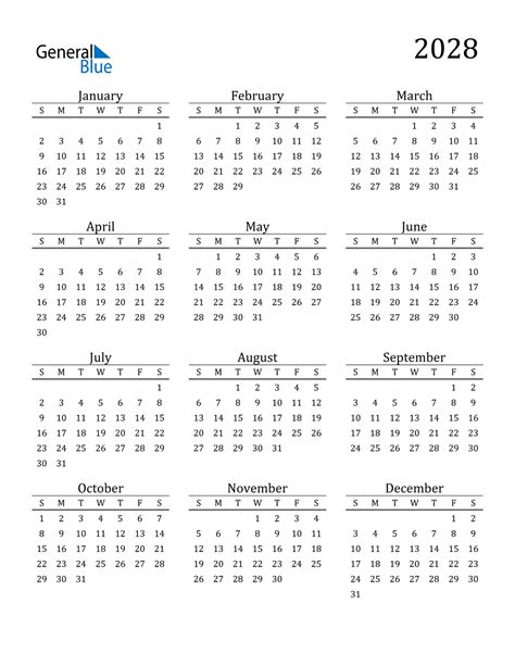 2028 Calendar (PDF, Word, Excel)