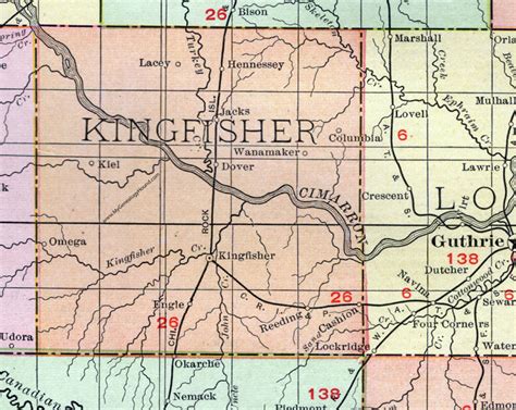 Kingfisher County, Oklahoma 1911 Map, Rand McNally, Kingfisher City, Hennessey, Cashion