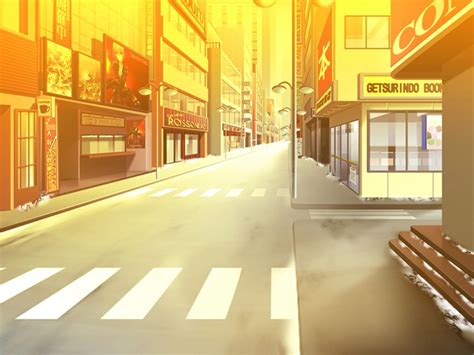 Anime Landscape: City Commercial Street (Anime Background) (day, sunset & night)