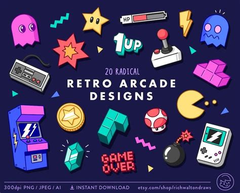 Retro Arcade Clip Art, Retro Gaming Clipart, Video Game Clip Art, Computer Game Clipart, Vector ...