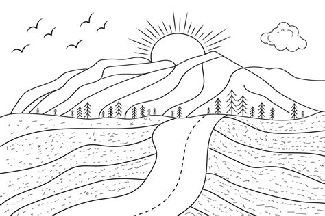 hand-drawn line art landscape mountain view, with sun and clouds, under the river, wild beach ...