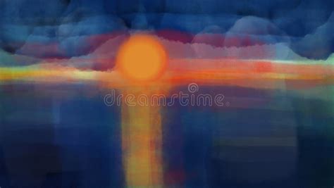 Oil Painting Sun Setting Orange Sky with Clouds. Stock Illustration ...