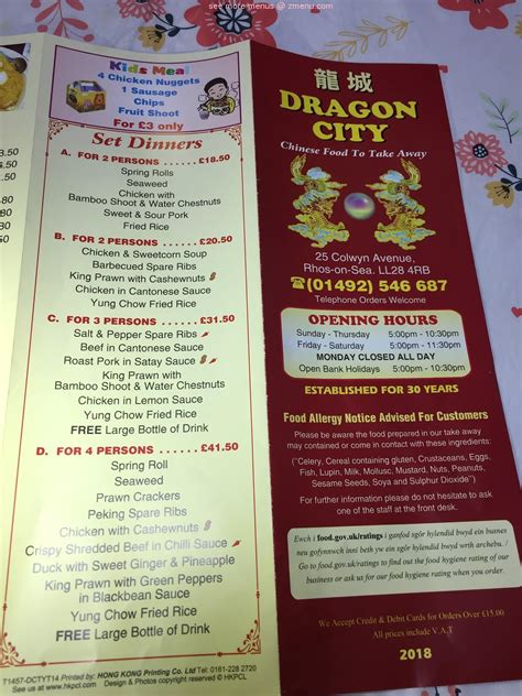 Menu at Dragon city restaurant, Rhos on Sea