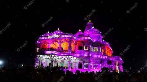 Premium Photo | Prem mandir beautiful pink lightening view at night in ...