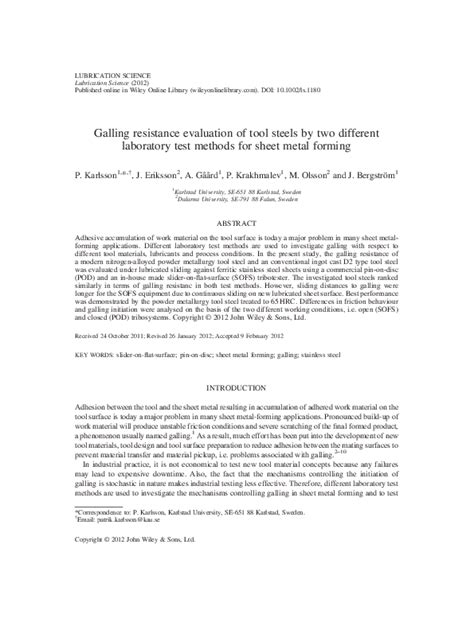 (PDF) Galling resistance evaluation of tool steels by two different ...