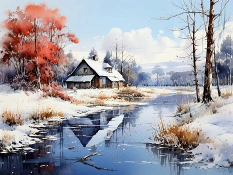 Solve Winter Cabin by the River, resizable 12 to 594 pieces jigsaw ...