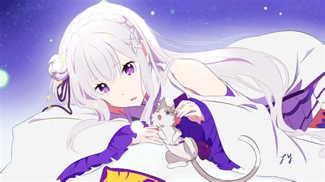 animal cat dress emilia (re:zero) long hair puck purple eyes re:zero kara hajimeru isekai ...