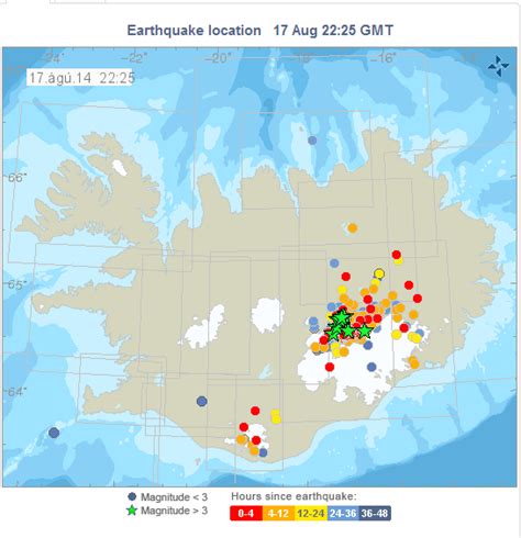 Earthquakes in Iceland during the last 48 hours. It shows you the ...