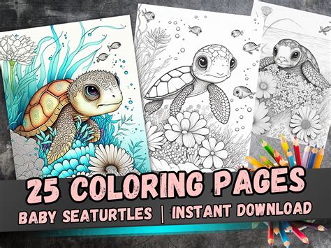 Baby Sea Turtle Coloring Pages for Adults and Teens Printable Coastal Theme Art Instant Download ...