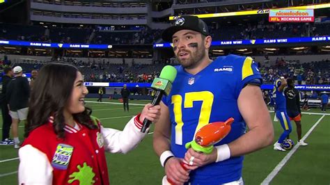 Los Angeles Rams quarterback Baker Mayfield reacts to winning ...