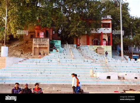 Long view of popular Assi Ghat with several pilgrims, that stands at ...