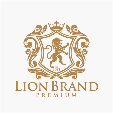 Luxury Lion crest heraldry logo. Elegant gold heraldic shield icon. Premium brand identity ...