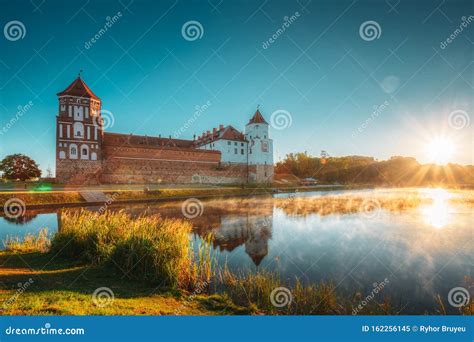 Mir, Belarus. Scenic View of Castle Complex Mir and Lake in Misty ...