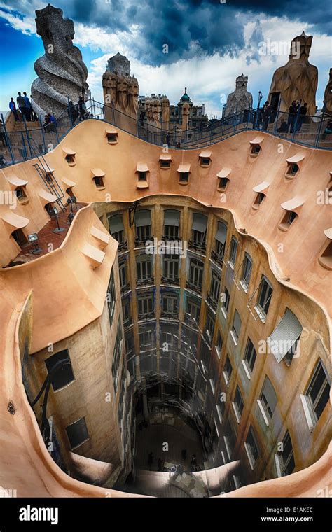 Rooftop View of Casa Mila (La Pedrera) With Group of Chimneys and ...