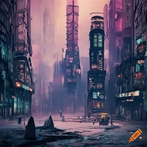 Dystopian cyberpunk cityscape in hieronymus bosch style on Craiyon