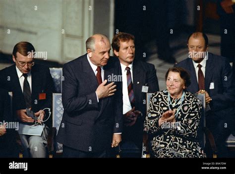 Winner of the 1990 Nobel Peace Prize Mikhail Gorbachev delivering a traditional speech at the ...