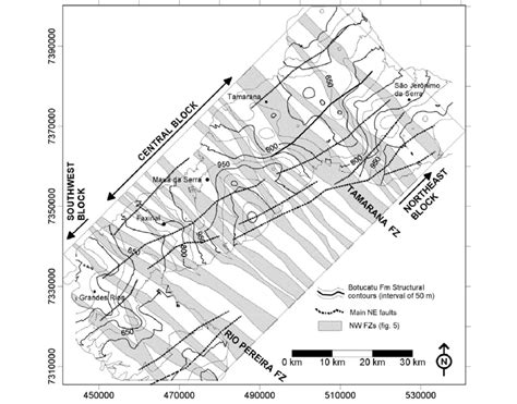 Structural contour map of top Botucatu Formation, including the NW–SE ...