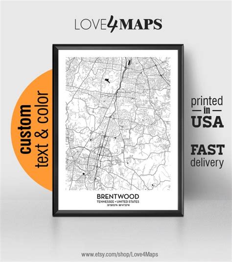 Brentwood Tennessee Map Brentwood City Print Brentwood | Etsy