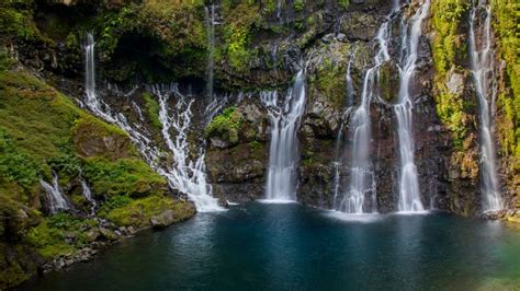 Rainforest waterfall Cascade de Grand Galet or Cascade Langevin, Réunion Island, France ...