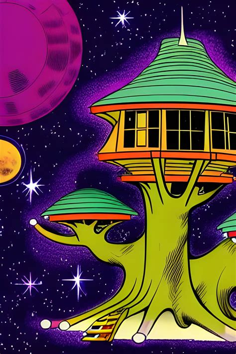 A magnificent treehouse in space drawn by Jack Kirby 4k resolution silver age marvel comics ...