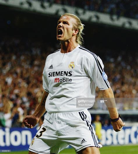 David Beckham of Real Madrid celebrates Real Madrid's opening goal ...