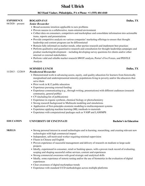 Researcher Resume Samples | Velvet Jobs