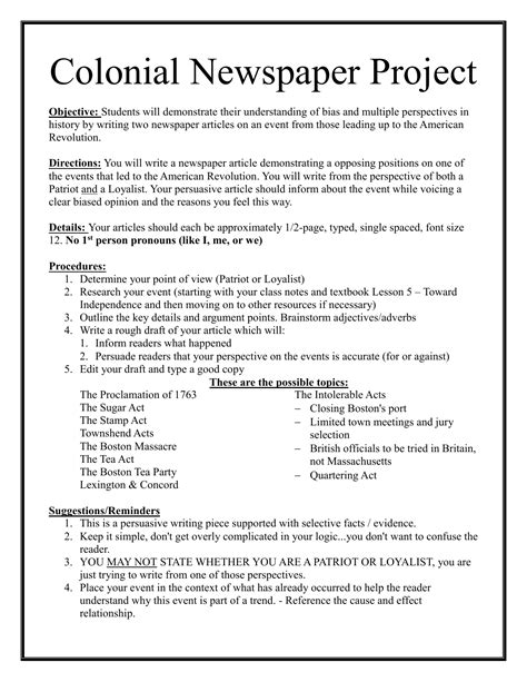 Colonial Newspaper Project Sheet solo