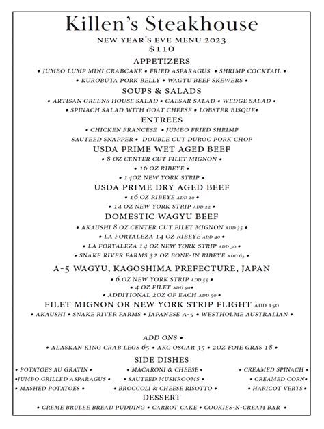 Menu @ Pearland - Killen's Steakhouse -Chef Driven Steakhouse in Texas