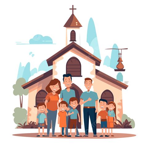 Family Church Vector, Sticker Clipart Modern Flat Style Family And Friends Posing In Front Of A ...