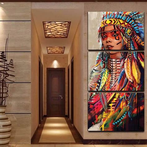 Framed 3pcs Print Abstract American Native girl Painting modern canvas ...