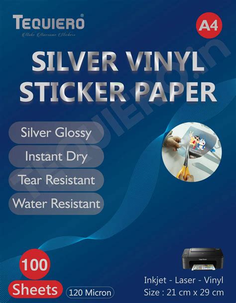 Silver Sticker Paper (Glossy Vinyl), A4 Size Waterproof Non-tearable Printable Self Adhesive ...