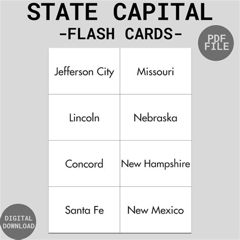 Printable US States and Capitals Flash Cards Educational Activities US ...