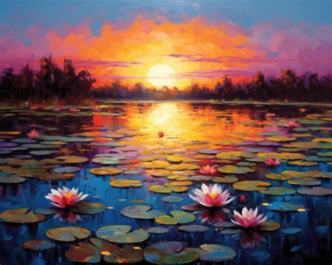 sunset over a serene lake with lily pads, oil painting, impressionist style, thick brushstrokes ...