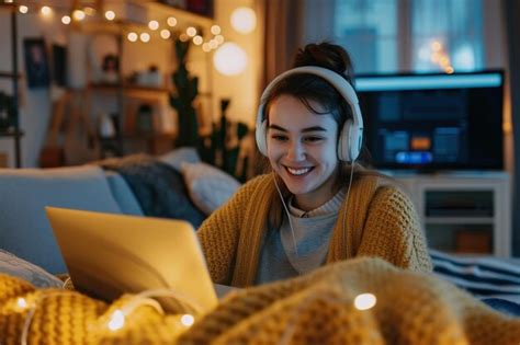 Premium Photo | Girl in headphones working on laptop with a smile at home