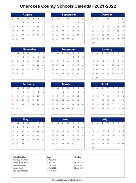 Cherokee County School Calendar with Holidays 2021-2022