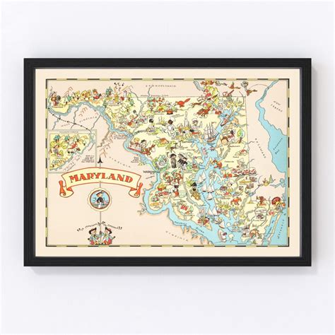 Maryland Map 1935 Old Map of Maryland Art Vintage Print Framed Wall Art Canvas Portrait MD ...